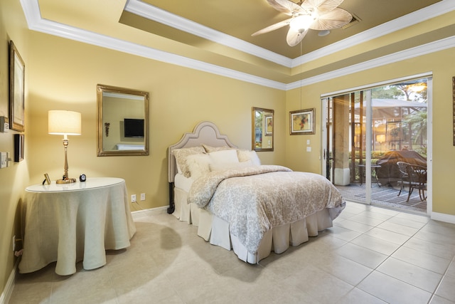 bedroom featuring ceiling fan, access to exterior, a raised ceiling, ornamental molding, and light tile patterned floors