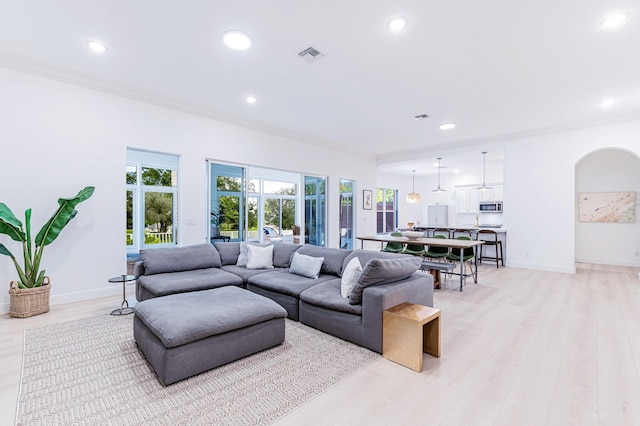 living room with ornamental molding and light hardwood / wood-style floors