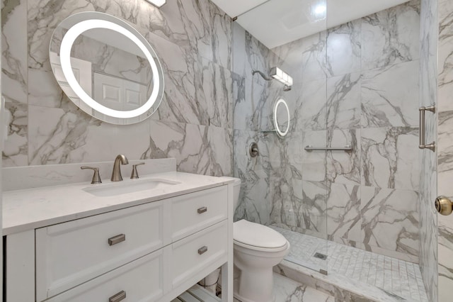 full bath with a marble finish shower, toilet, vanity, marble finish floor, and stone wall