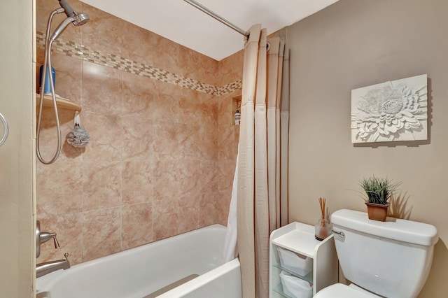 bathroom with toilet and shower / tub combo with curtain