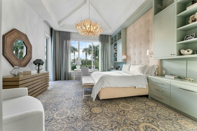 bedroom featuring an inviting chandelier and lofted ceiling with beams