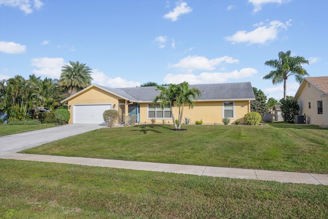 single story home featuring a garage, a front yard, and central air condition unit