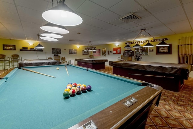 rec room with billiards and a paneled ceiling