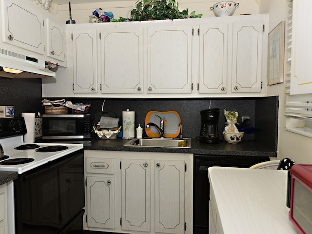 kitchen featuring sink, electric range oven, dishwasher, and white cabinetry