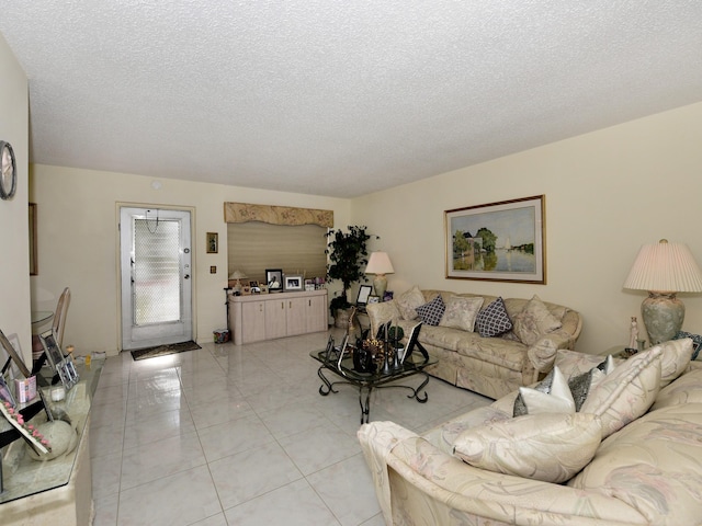 living room featuring a textured ceiling