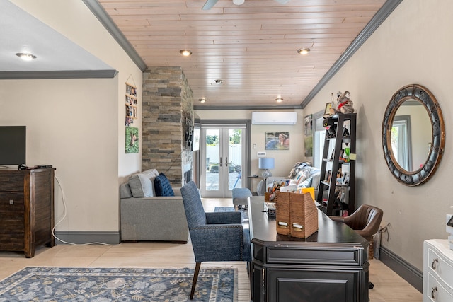 living room featuring wood ceiling, light hardwood / wood-style flooring, crown molding, french doors, and an AC wall unit