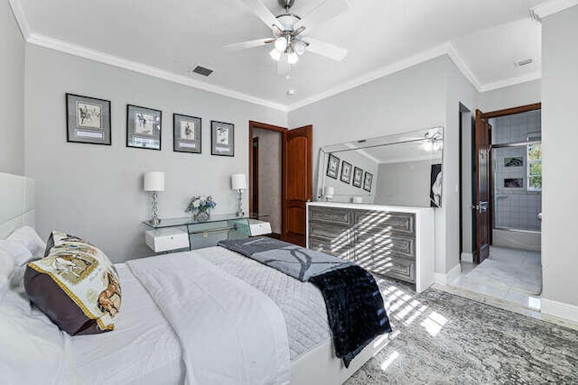 bedroom featuring crown molding, ceiling fan, and bar area