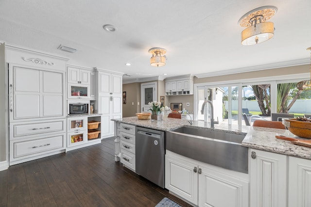 kitchen featuring white cabinetry, decorative light fixtures, dishwasher, and sink