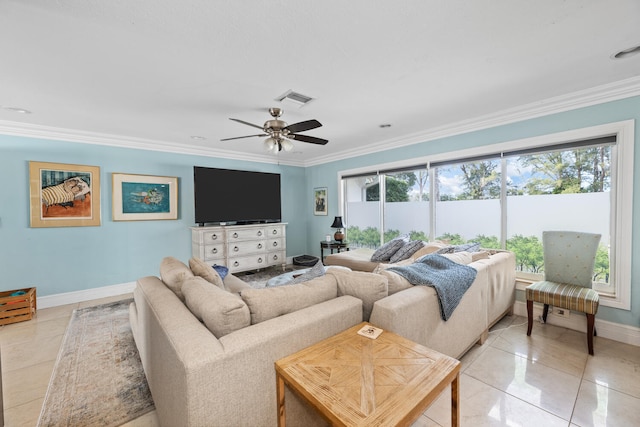 tiled living room featuring crown molding and ceiling fan