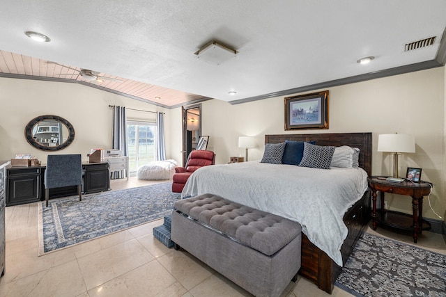 bedroom featuring crown molding, wood ceiling, and light tile patterned floors