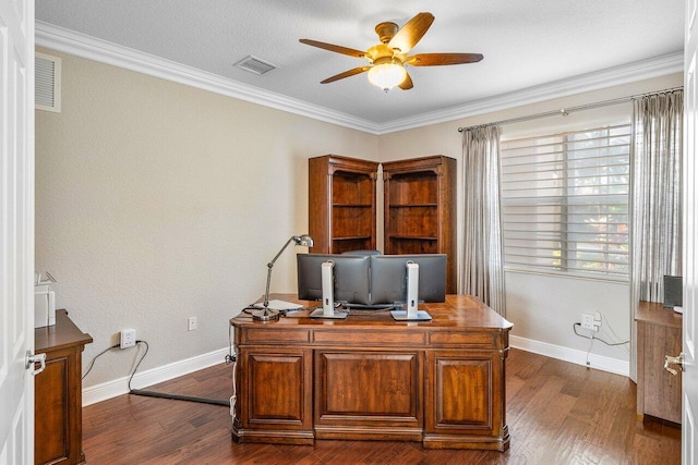 office featuring dark wood-type flooring, ceiling fan, and crown molding