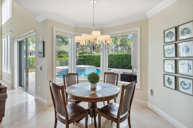 dining space featuring a notable chandelier and ornamental molding