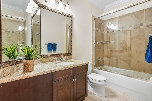 full bathroom featuring tile patterned flooring, shower / bath combination with glass door, ornamental molding, toilet, and vanity