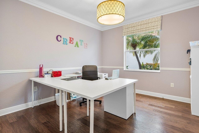 office area featuring ornamental molding and dark hardwood / wood-style floors