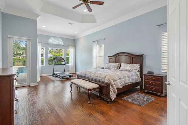 bedroom featuring access to outside, ceiling fan, crown molding, and wood-type flooring