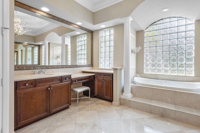 bathroom featuring tiled bath, an inviting chandelier, ornamental molding, and a healthy amount of sunlight