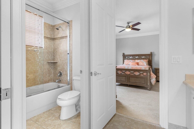 bathroom with toilet, bath / shower combo with glass door, tile patterned floors, ornamental molding, and ceiling fan