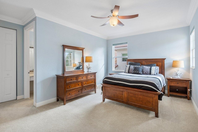 bedroom with ceiling fan, light carpet, and multiple windows