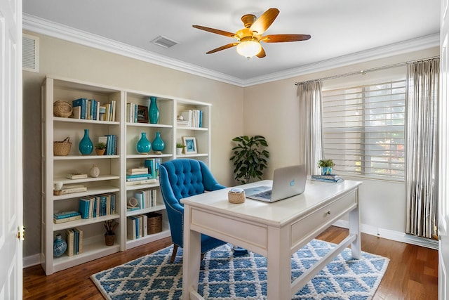 office space featuring ceiling fan, crown molding, and dark hardwood / wood-style floors