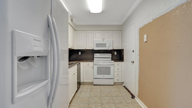 kitchen with decorative backsplash, white appliances, white cabinets, and crown molding