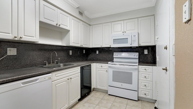 kitchen featuring decorative backsplash, sink, white appliances, ornamental molding, and white cabinets