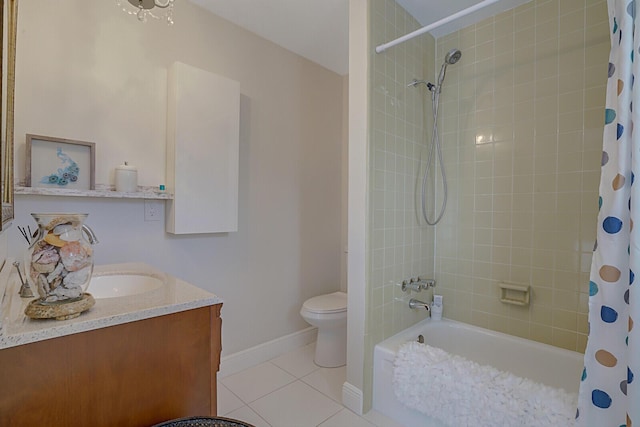 full bathroom featuring toilet, tile patterned flooring, shower / bathtub combination with curtain, and vanity