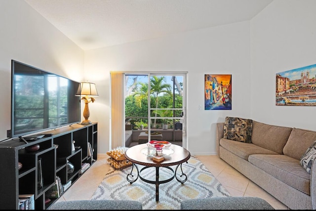 tiled living room featuring vaulted ceiling