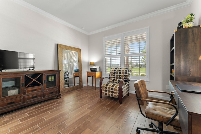 home office with hardwood / wood-style flooring and crown molding