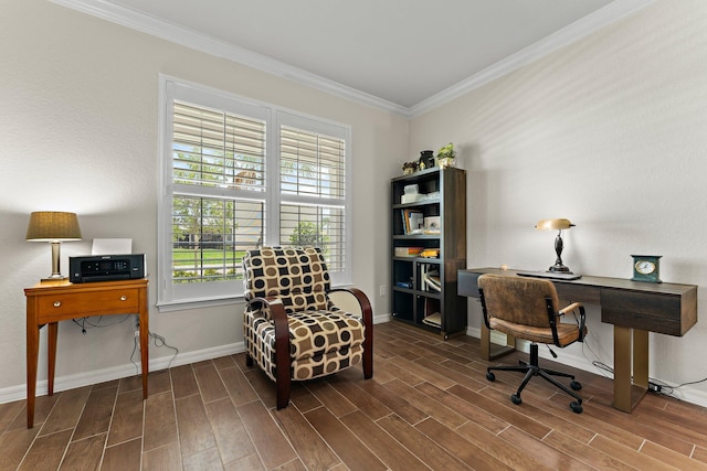 office with dark hardwood / wood-style flooring and ornamental molding