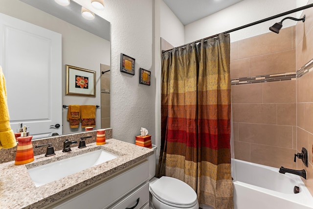 full bathroom featuring toilet, shower / tub combo, and vanity