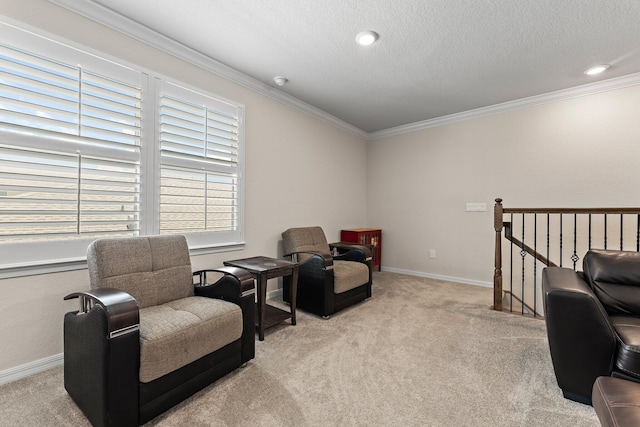 living area with light carpet, ornamental molding, and a textured ceiling