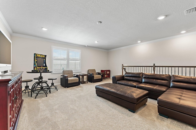 living room featuring light carpet, a textured ceiling, and crown molding