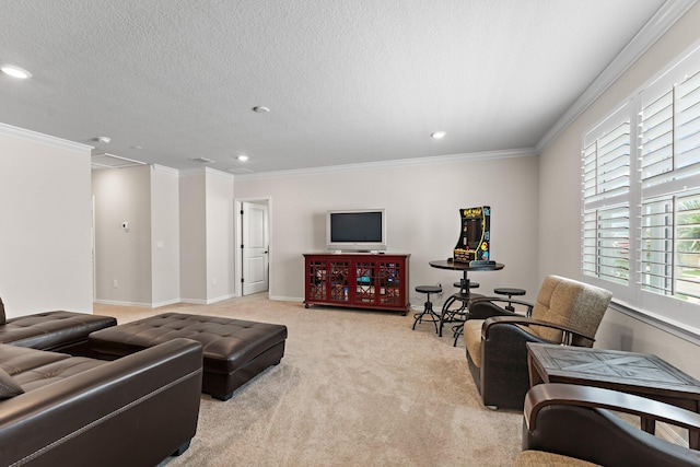 carpeted living room with crown molding