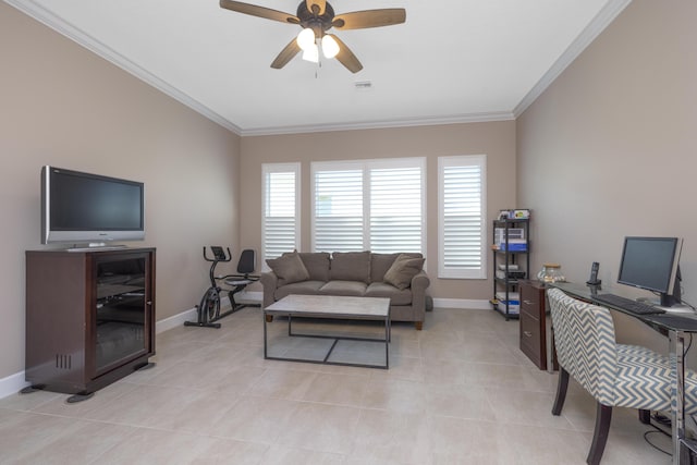 living room with ornamental molding, ceiling fan, and light tile patterned floors