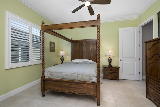 tiled bedroom featuring ceiling fan and ornamental molding