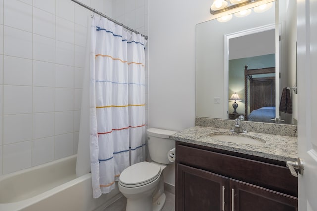 full bathroom with shower / bath combination with curtain, vanity, and toilet