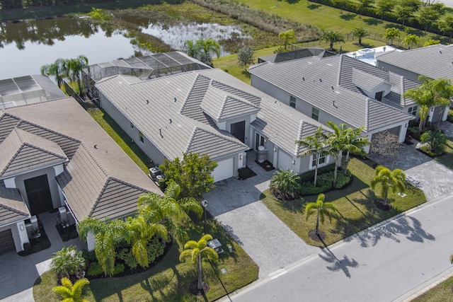 drone / aerial view featuring a water view