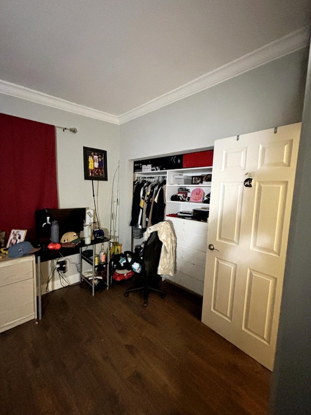 office featuring dark wood-type flooring and ornamental molding