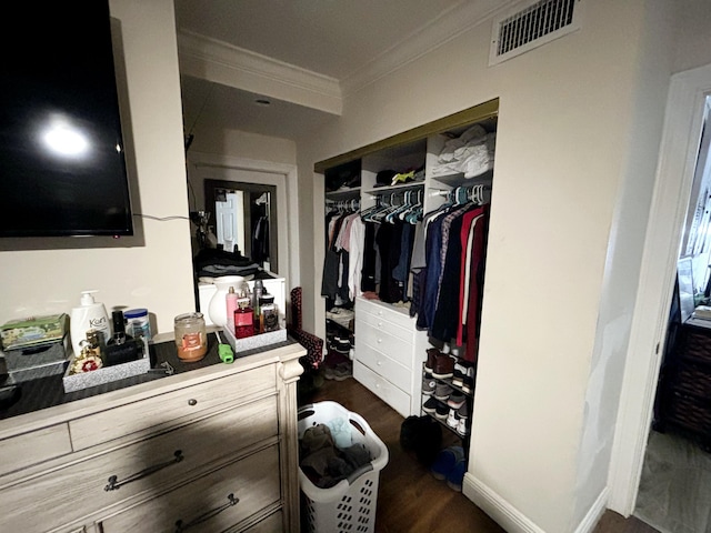 spacious closet featuring dark hardwood / wood-style floors