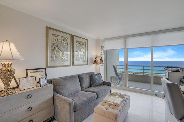 living room featuring crown molding and a water view