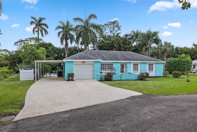 view of front of home featuring a garage, a front lawn, and a carport