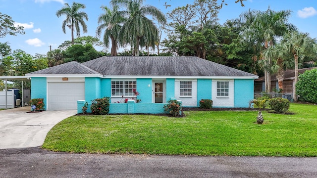 ranch-style home with a front yard and a garage