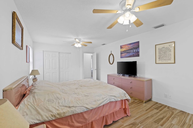 bedroom featuring ceiling fan and a closet