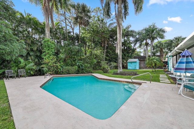 view of pool featuring a yard, a storage shed, and a patio