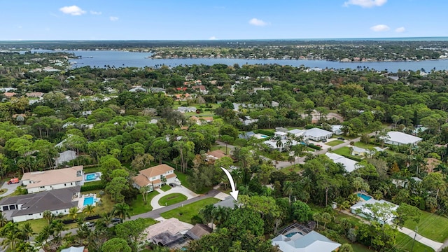 drone / aerial view featuring a water view