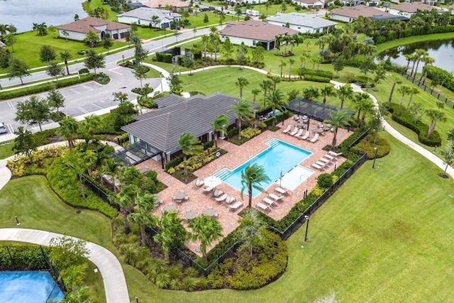 aerial view featuring a water view