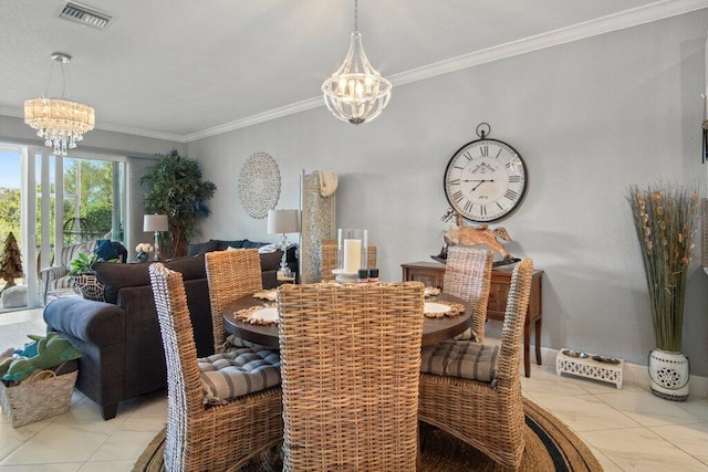 tiled dining area with an inviting chandelier and crown molding