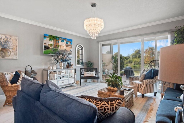 living room with light tile patterned flooring, ornamental molding, and an inviting chandelier