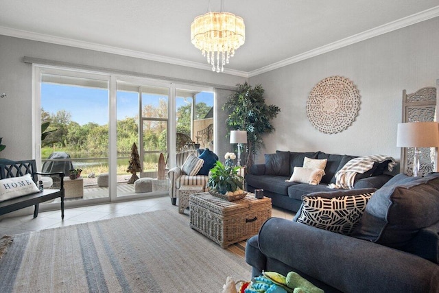 living room featuring light tile patterned floors, crown molding, and a notable chandelier