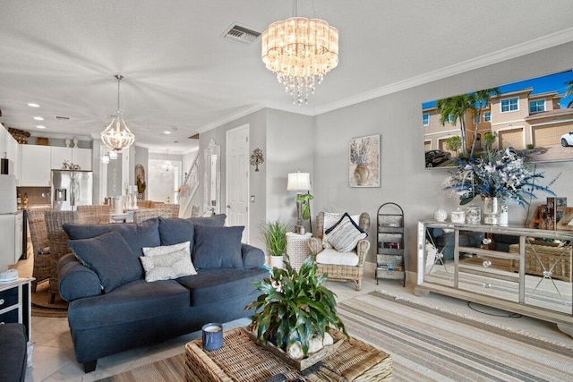 living room featuring light tile patterned floors, crown molding, and a notable chandelier